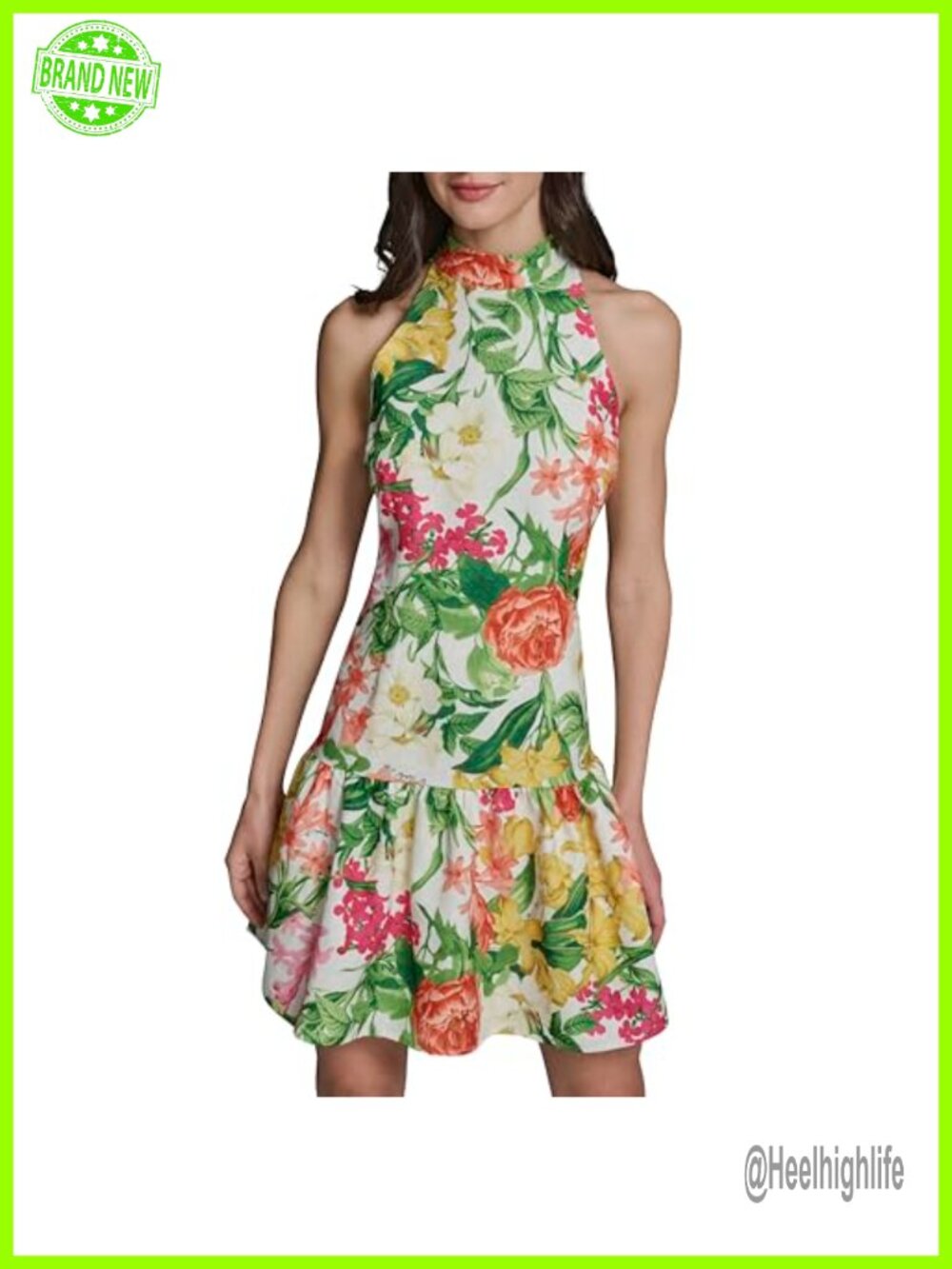Sleeveless Halter Neck Floral Dropwaist Above Knee Dress